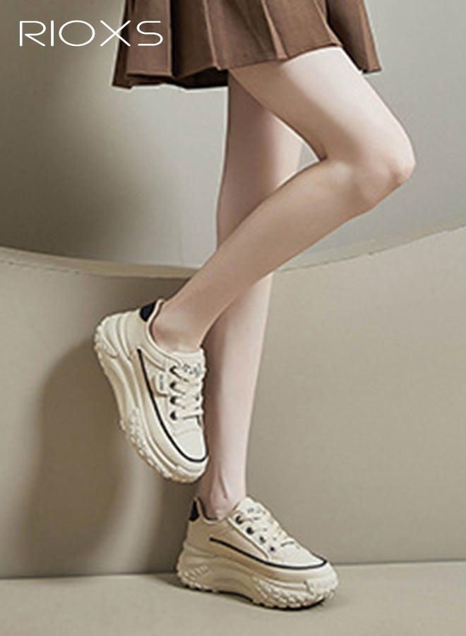 RIOXS Women's Comfort Shoes, 4.5cm Thick Soled Sports Shoes, Fashion Chunky Platform Sneakers for Women, Casual Dating Wedge Sneakers, Classic Lace-Up Athlesiure Shoes, Lady's Lightweight Walking Shoes, Low Top Sneaker for Female,  Anti-slip Trainers for Jogging Running Shopping Daily Wear, Khaki Footwear - Image 2